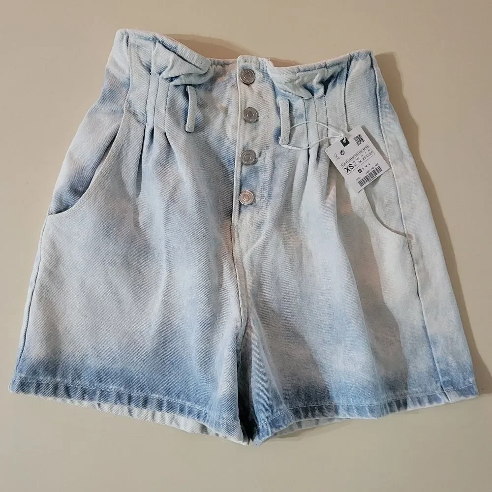 Zara High-waisted Paperbag Denim Shorts
